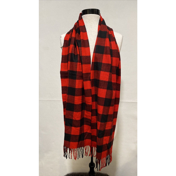 Red‎ Black Buffalo Plaid Cashmere Scarf Winter Warm Fringe Unisex Timeless - Picture 2 of 5